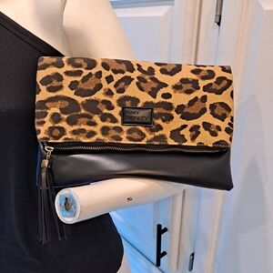 Funky Monkey Leopard Print Foldover Clutch W/Black Vegan Leather Accents